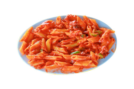Penne Pasta in Red Tomato Sauce with Bell Peppers Isolated on Transparent Backgroundの写真素材