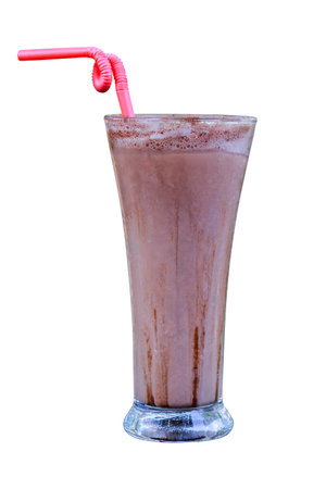 Rich Chocolate Milkshake with Drizzled Syrup and Pink Straw on Transparent Backgroundの写真素材