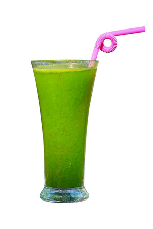 Fresh Green Healthy Vegetable Juice Smoothie with Pink Straw on Transparent Backgroundの写真素材