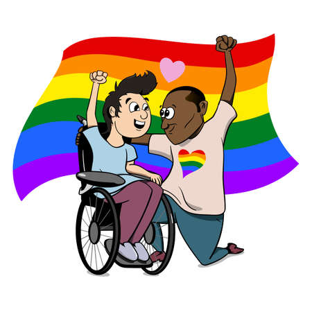 A Gay Couple of different race black and white in love. Mam with disability. LGBTQ pride celebration vector graphic. Two males in love marriage with rainbow flag.のイラスト素材