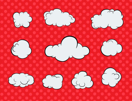 Pop Art Design Elements Retro Clouds. Bold Colors Red with Polka Dot Pattern on top and White Hand...