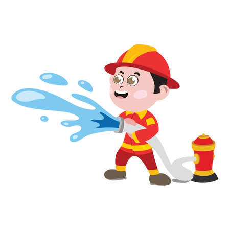 A Cute and Adorable Child Character in Cartoon Style. Kindergarten Preschool Kid Dressed as Professional Firefighter. Small Kid with firehose throwing water. Dream job. Big Dreams. Life Goals.のイラスト素材