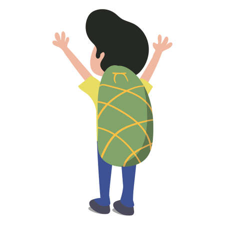 Man traveling around the world with backpack on his back. Yellow Shirt Blue pant Green Backpack. Scalable Vector Clipart Isolated on White Background.のイラスト素材
