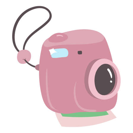 Cute  Camera in Pink Color with instant picture printing from bottom. Travel Accessories for backpackers. Vector Art for Travel Essentials.のイラスト素材