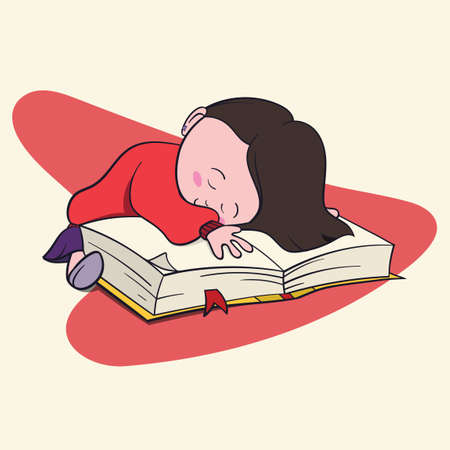 Cute little girl book lover enjoys reading big books and novels. Cartoon style Bibliophile Illustration for Graphic Novels.のイラスト素材