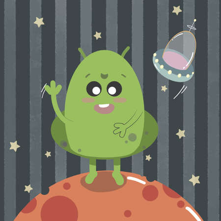 Cute space alien, happy friendly monster with ufo. Kawaii style Martian in space. Vector...