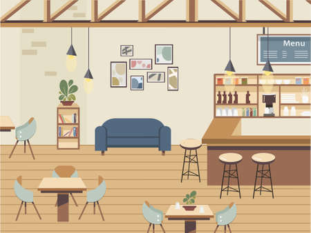 Interior cafe scene with furniture and accessories. Modern Wooden coffeehouse interior flat vector illustration design. First Date Romantic Set. Game Set. Cafe Scene. Bistro Bar Restaurant Fine Diningのイラスト素材