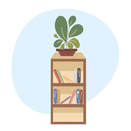 Modern flat coloured vector illustration of book shelve with books and plants on it. Home decor decoration storage book shelf.のイラスト素材