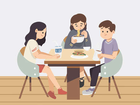 Friends sitting around table at cafe. Enjoying and eating meals. Sharing drinks at cafe. Indoor cafe colour flat vector design.のイラスト素材