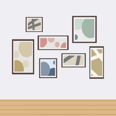 Framed paintings hung on walls. Cafe interior wall decor by artwork.Flat vector illustration of adorable painting framesのイラスト素材