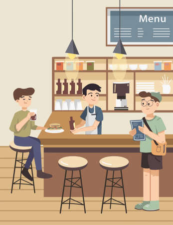 Guys at bar counter of cafe drinking and eating. Waiter serving drinks at bar happily. Cafe bar with people flat coloured vector illustrationのイラスト素材