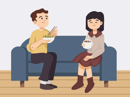 Illustration of a young couple, cafe visitor on couch of cafe having food and chatting. Modern flat vector concept illustration.のイラスト素材