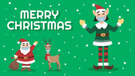 Funny elf happily waving hand while wearing protective face mask. Elf ready for Christmas while wearing mask cause of pandemic. Modern elf in Christmas flat vector illustration. 2021 New normal.のイラスト素材