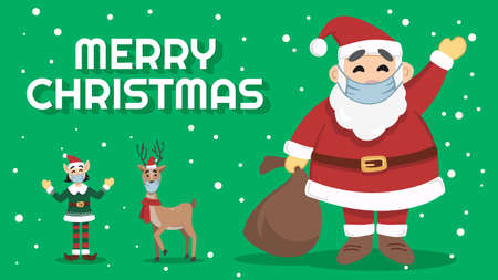 Adorable Santa Claus wearing medical face mask while distributing gifts at Christmas. Social Distancing on Christmas, New year holidays during pandemic. New Normal after Covid 19 corona virus pandemicのイラスト素材