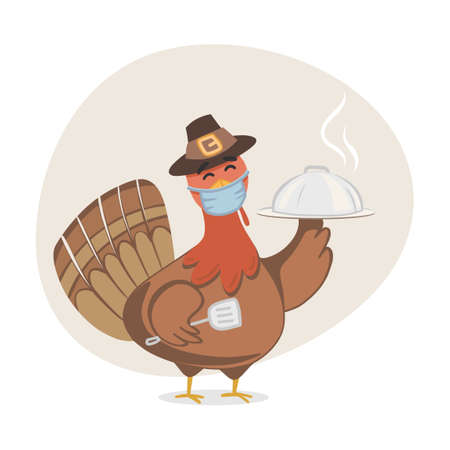Thanksgiving Turkey wearing face mask while cooking. Cute Turkey character for children's book. Fall background with leaves falling and earth tone colors. Turkey character holding a pumpkin.のイラスト素材