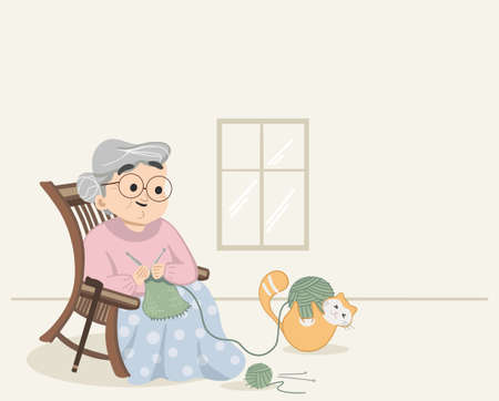 Granny weaving woolen sweater in winters. Knitting sweater on leisure chair while cat playing with the wooden yarn ball. Modern granny and cat scene. Flat colored isolated vector illustration.のイラスト素材