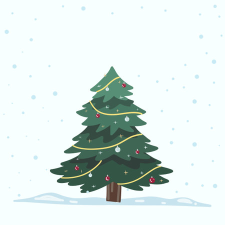Vector Christmas Tree Isolated from Background. Snow Falling in Holiday Season Xmas and new year graphic template. Modern Tannenbaum tree decorated with lights and ornaments.のイラスト素材