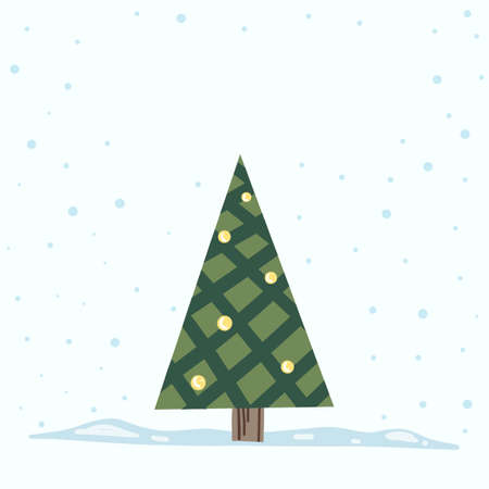 Vector Christmas Tree Isolated from Background. Snow Falling in Holiday Season Xmas and new year graphic template. Modern Tannenbaum tree decorated with lights and ornaments.のイラスト素材