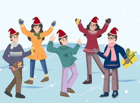Group of Young People Characters Holding Wine Glasses with Beverages and Sparklers Celebrating Holiday, Dancing, exchanging gifts Drink Alcohol Cocktail on Party.のイラスト素材