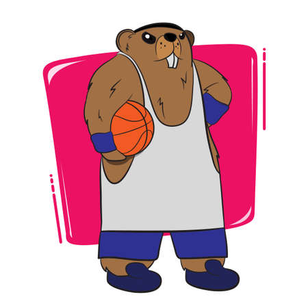 Anthropomorphized Groundhog character dressed as a basketball player. Groundhog wearing shorts waist and sweat bands showing sportsman spirit. Colorful background with abstract organic shape.のイラスト素材