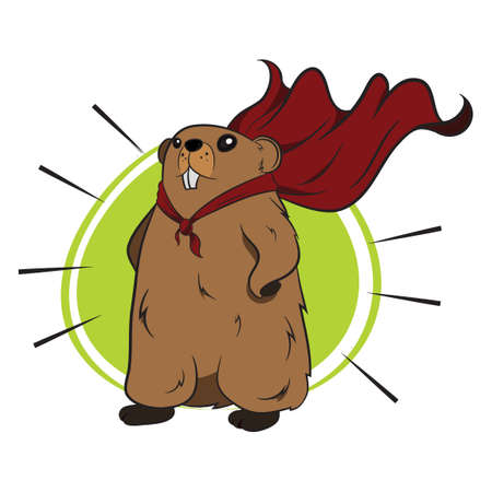 Anthropomorphized Groundhog character dressed as a superhero with cape. Groundhog wearing standing in superhero pose. Colorful background with abstract organic shape.のイラスト素材