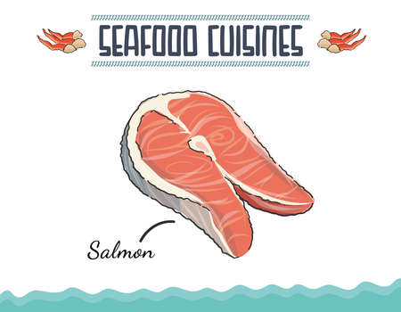 Slices of Raw Salmon Fillet Isolated. Set of illustration of salmon meat cuts in engraving style. Design element for poster, restaurant menu. Minimal colored isolated vector illustration.のイラスト素材