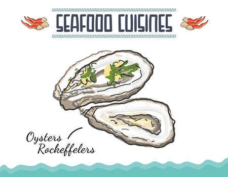Oyster Rockefeller, baked with herb butter, cheese and spinach, served with salad and lemon slices on a blue plate, selected focus Traditional Italian fast food. European seafood snack.のイラスト素材