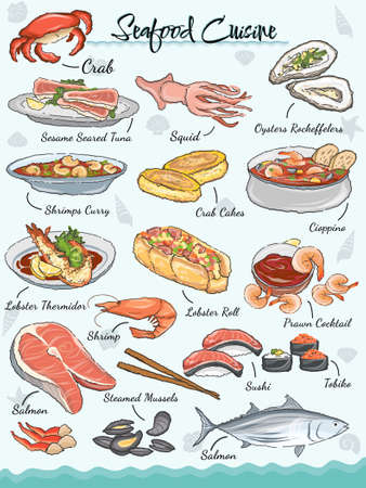 Seafood cuisine set Seafood vector illustrations. Fishes, sushi rolls, oysters, mussels, lobster, squid, octopus, crabs, prawns, fish fillet, luminaria and seaweeds. Seafood animals doodled style.のイラスト素材