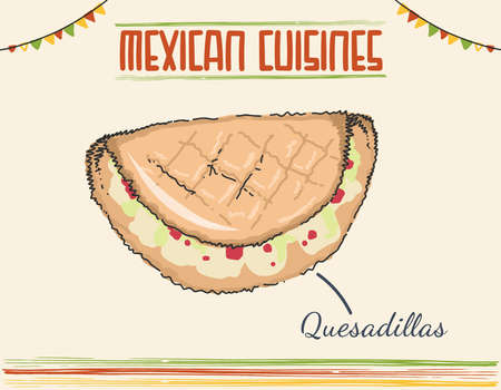 Chicken quesadillas with paprika and cheese icon, traditional Mexican dish vector illustration. Mexican isolated dish colored vector doodleのイラスト素材