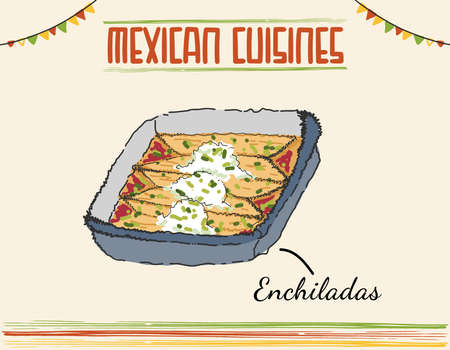 Enchilada - Mexican traditional food. Vector color vintage engraved illustration for menu, poster, web. Isolated on white background. Minimal colored isolated vector illustrationのイラスト素材