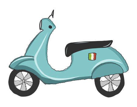 Blue bright power scooter isolated, side view. A vehicle to travel. Cute bike. Vector flat design illustration of motorcycle. Minimal colored isolated vector illustrationのイラスト素材