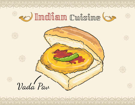 Vada pav vegetarian sandwich fast food dish fried potato dumpling in bun Indian isolated dish colored vector doodleのイラスト素材