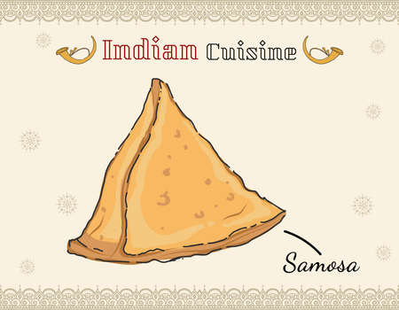 Doodle styled indian fried snack triangular shaped cuisine samosa Break or tea time snack called samosas with saucesのイラスト素材