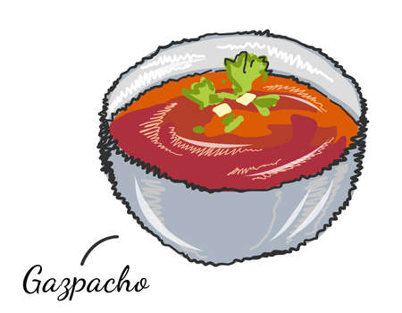 Traditional Gazpacho dish. Vegetable soup in bowl consisting of tomatoes, peppers and cucumbers. Refreshing gazpacho soup in ceramic bowl. Delicious dish of Spanish, european cuisine.のイラスト素材