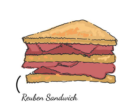 American Street Food Grilled Reuben Sandwich with corned beef, Swiss cheese, sauerkraut, and Russian dressingのイラスト素材