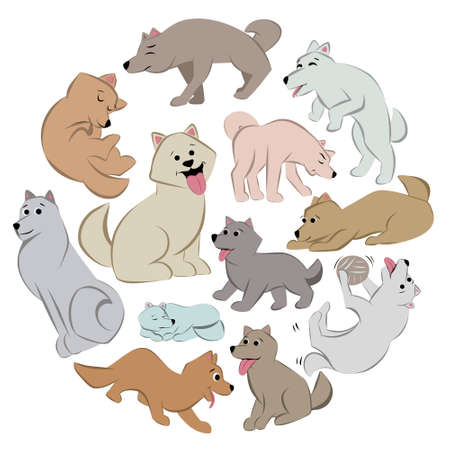 Collage of cute dogs and puppies with various posesのイラスト素材