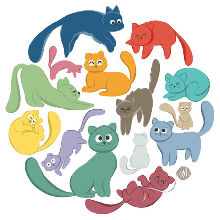 Playful Elegant Cat and kittens in various posture and activities. Active colorful cats.のイラスト素材