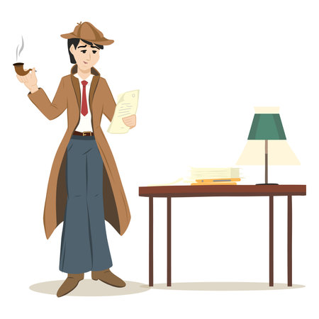 Detective Character Reading case reports while smoking pipe standing next to a table full of paperwork and a table lamp.のイラスト素材