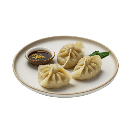 Boiled dumplings with sauce on a plate isolated on white backgroundの素材