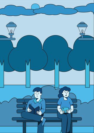 A man and a woman sitting together in a park reading vector illustration.のイラスト素材