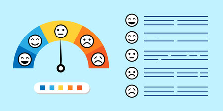 Feedback concept design set. Feedback emoji. Bad and Good Review. Emoticon, emoji and smile, emotions scale. Happy and Sad reaction. Mood faces for survey, rating icons.のイラスト素材
