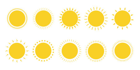 Sun icon set. Yellow sun icons. Shine sun ray set. Sunset icon collection. Yellow sun star icons. Hot solar energy for tanのイラスト素材