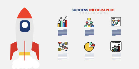 Success infographic. Rocket launch. Business presentation slide template. Diagram chart with 6 steps, options, processes.のイラスト素材