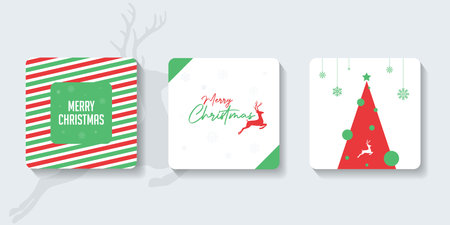 Merry Christmas and Happy New Year Set of greeting card, poster, holiday cover. Modern Xmas design in simple geometric style in green and red colors for ads, sales, print, season gのイラスト素材