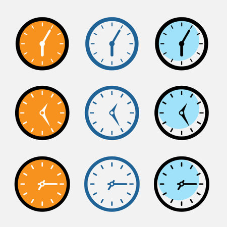 Set Time icon set. Clock with blue, orange and black color . Editable Linear outline illustration.