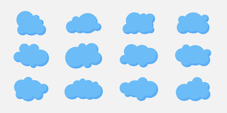 3D cloud. Simple cloudy shapes. Cartoon blue puffy, fluffy and cumulus clouds in blue sky. Abstract comic weather elements. Objects cloudscape for gameのイラスト素材