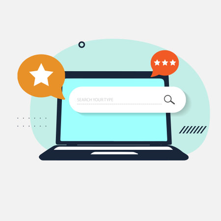 On the laptop screen there are Star, a search and rating bar, a protection icon, messages and discounts. SEO optimization web analytics and marketing social media.のイラスト素材