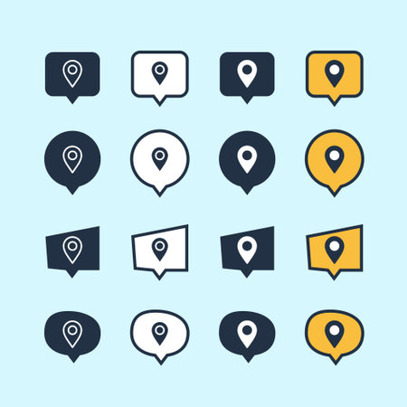locate and emoji icon set. Speech bubble messages with yellow and location. Locate chat. Reaction buttons.のイラスト素材