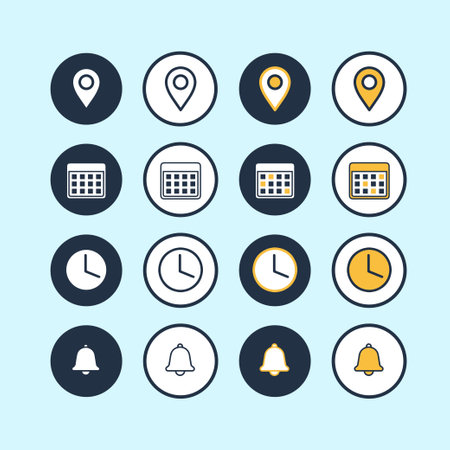 Date, time, address and notification bell icon set. business calendar schedule reminder clock sign and symbols, place pointer map event time elements isolatedのイラスト素材