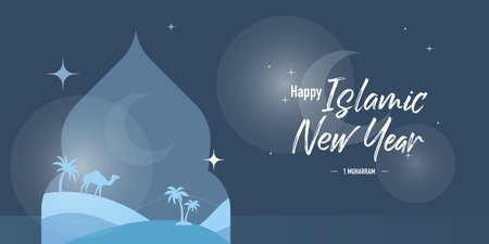 Happy Islamic New Year greeting card design with modern art style concept with dark blue moon backgroundのイラスト素材
